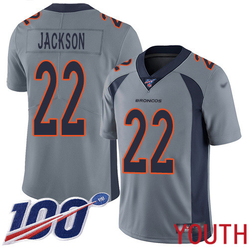 Youth Denver Broncos #22 Kareem Jackson Limited Silver Inverted Legend 100th Season Football NFL Jersey